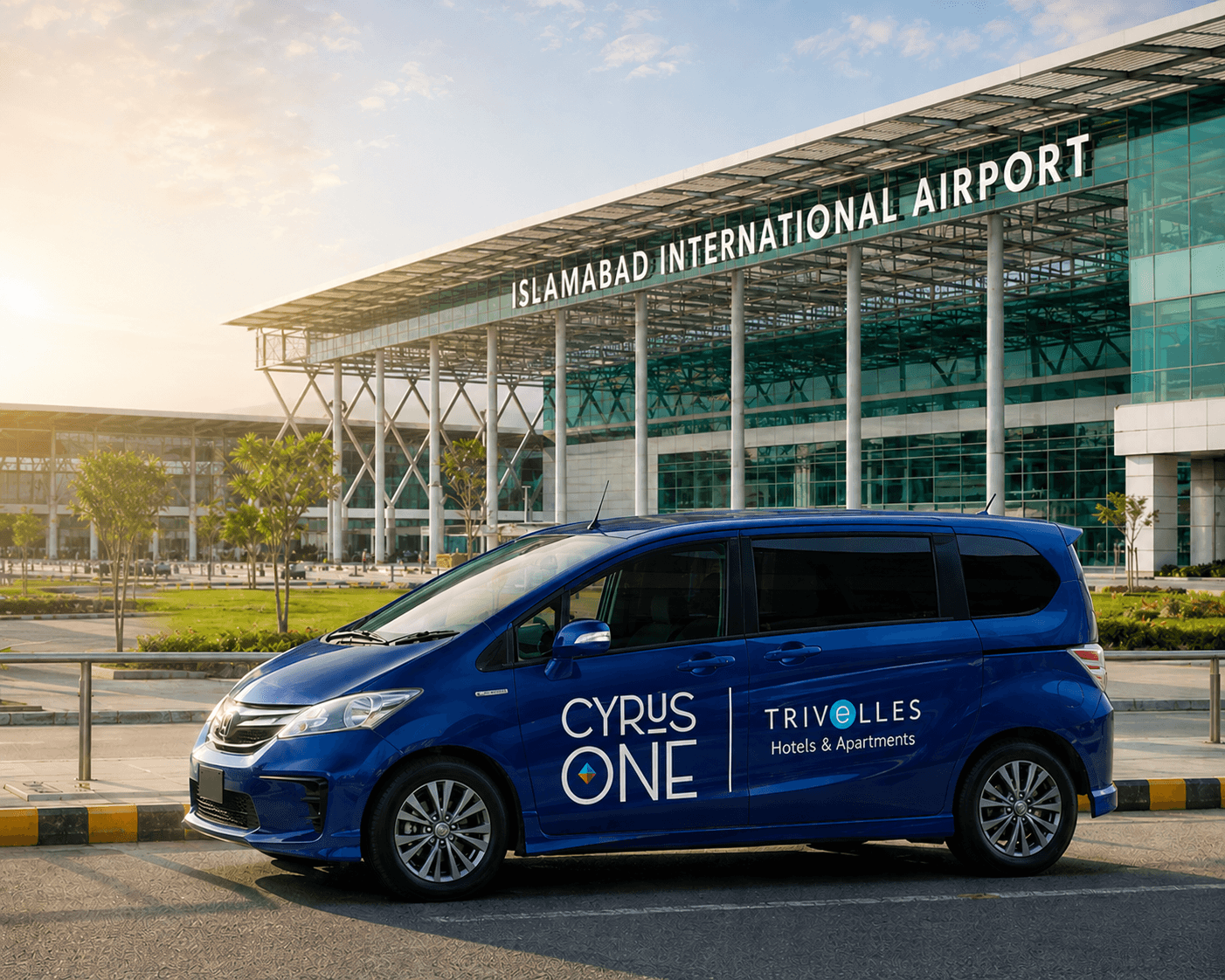 Cyrus One by Trivelles airport shuttle van parked outside Islamabad International Airport, offering complimentary guest pick-up service.