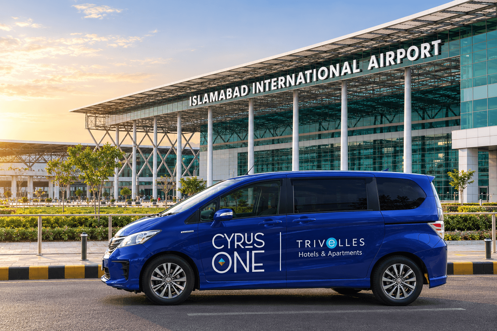 Cyrus One by Trivelles airport shuttle van parked outside Islamabad International Airport.